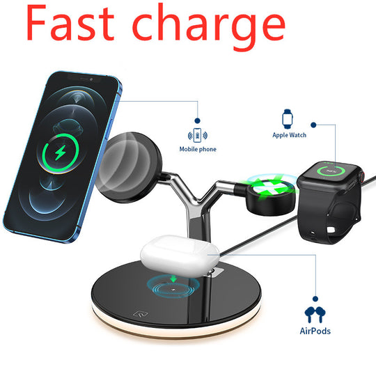 Three-in-one wireless charging pad with magnetic alignment for Apple devices on desk
