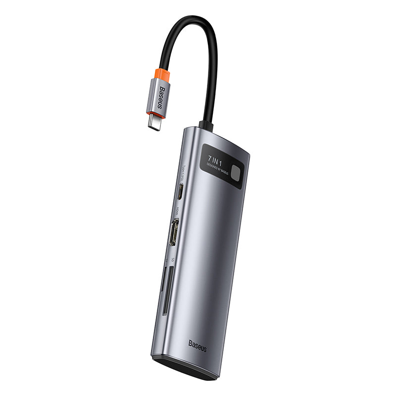 Baseus 7-in-1 USB-C docking station side view showing all ports and slim aluminium design