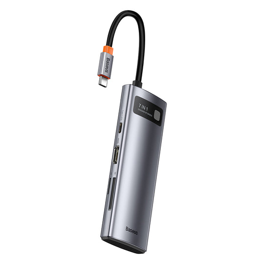 Baseus 7-in-1 USB-C docking station side view showing all ports and slim aluminium design